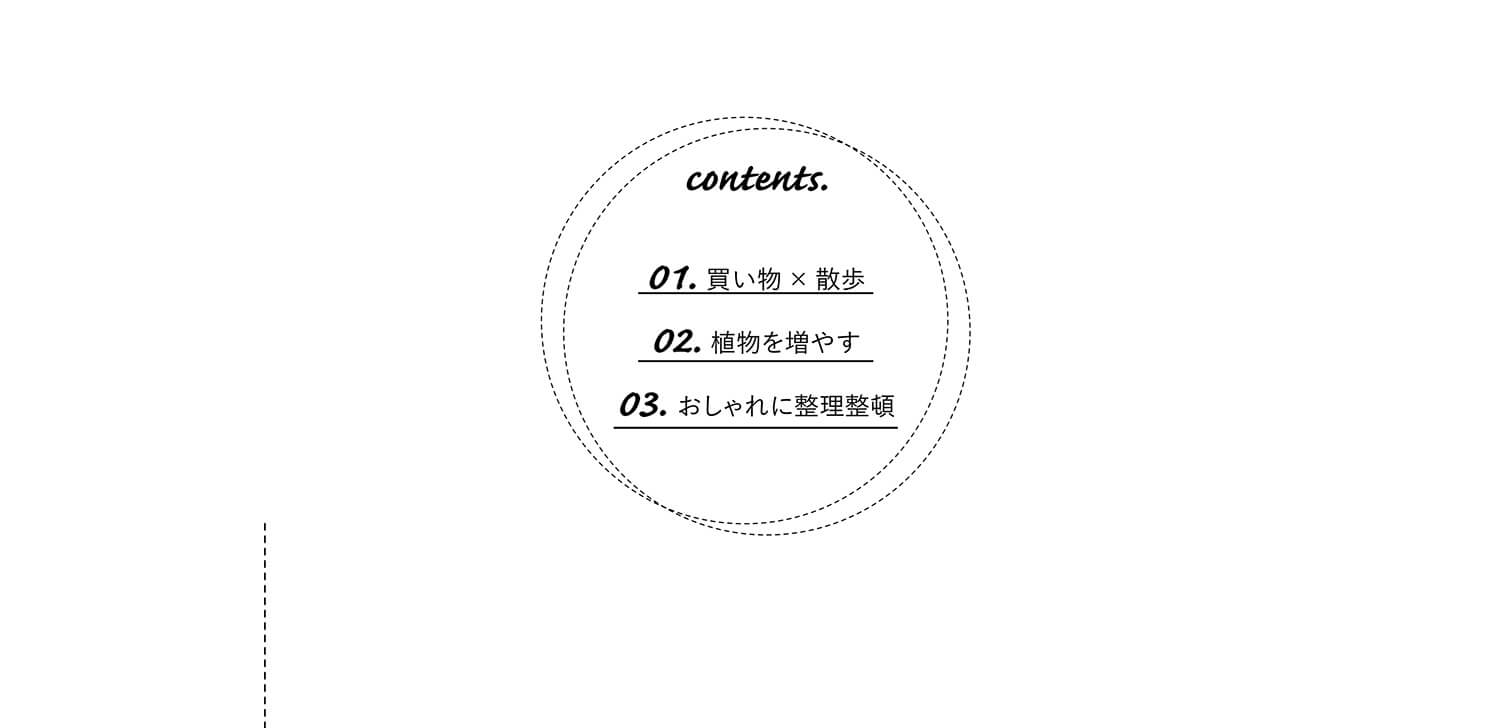 contents. 01.買い物×散歩 02.植物を増やす 03.おしゃれに整理整頓