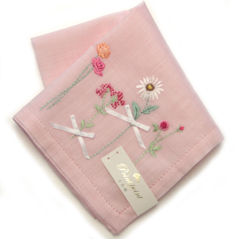 ベトナム手刺繍ハンカチ 花とリボン 8201 ピンク